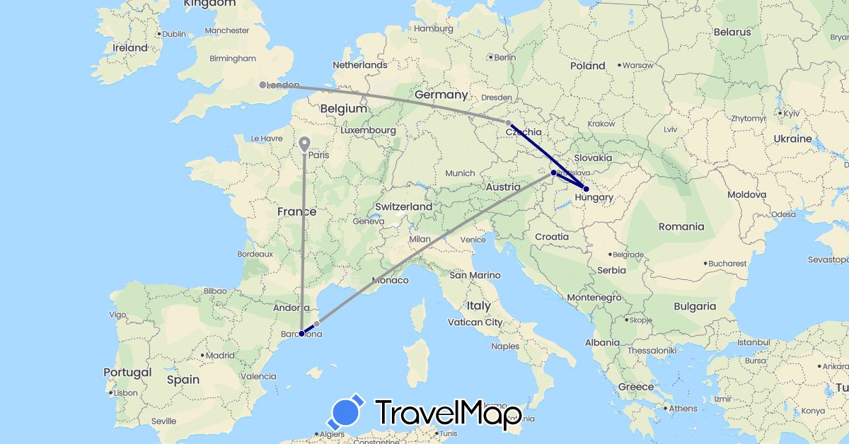 TravelMap itinerary: driving, plane in Czech Republic, Spain, France, United Kingdom, Hungary, Slovakia (Europe)